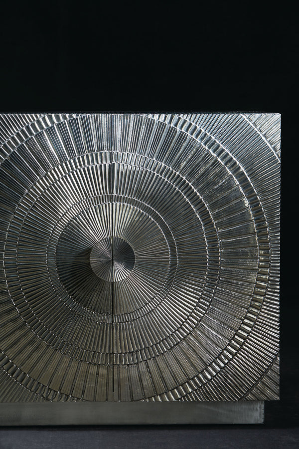 Bernhardt Bernhardt Sculptural Barcelona Credenza In Reclaimed Teak & German Silver Wrap With Embossed Doors (72") 366133