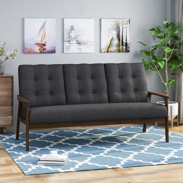 English Elm Christopher Knight Home® - Athena Charcoal Grey Mid-Century 3-Seater Waffle Stitch Tufted Sofa with Rubberwood Legs, 66" 65344.00BLK