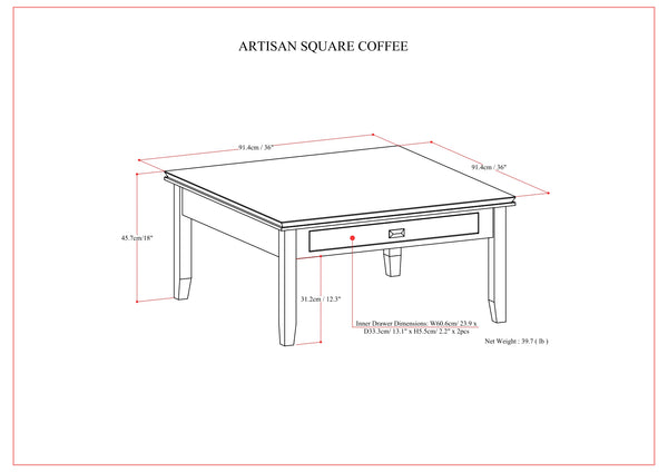 English Elm Artisan Square Coffee Table In Rich Russet Brown – Handcrafted Solid Wood With Storage Drawer B136P158413