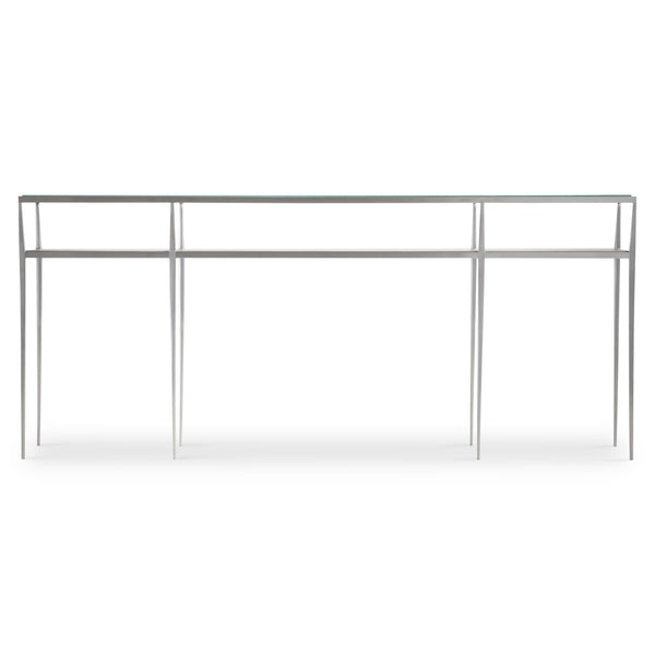 Bernhardt Bernhardt Cornelia Console Table — 72"W Tempered Glass Top, Brushed Stainless Frame, Nebbia Wood Shelf 331910