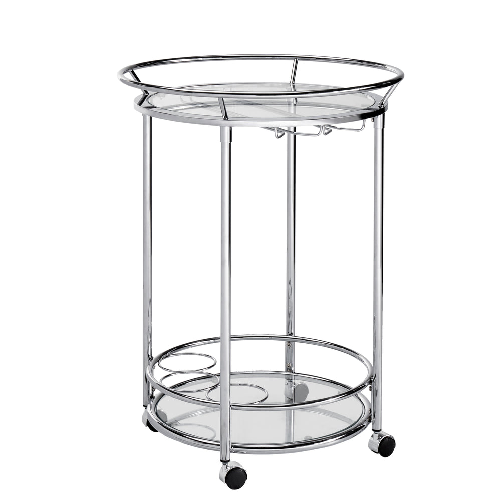 Homelegance By Top-Line Carlos Chrome Finish Round Metal Glass Top Bar Cart Chrome Metal