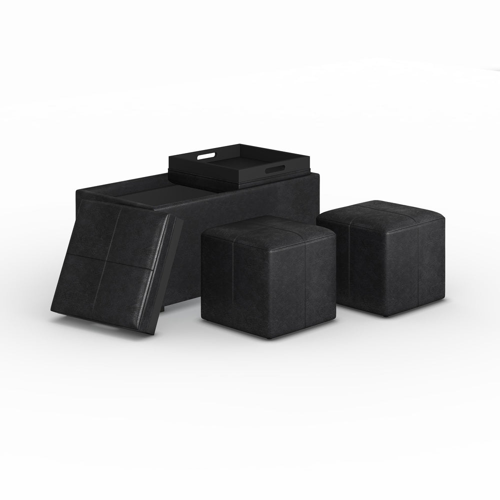 English Elm Avalon 5-Piece Storage Ottoman Set In Distressed Black Faux Leather - Stylish, Versatile, & Functional B136P159759