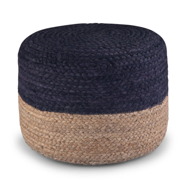 English Elm Lydia Handcrafted Round Pouf in Navy & Natural Braided Jute — Supportive, Versatile 18" Accent Seat B136P159306
