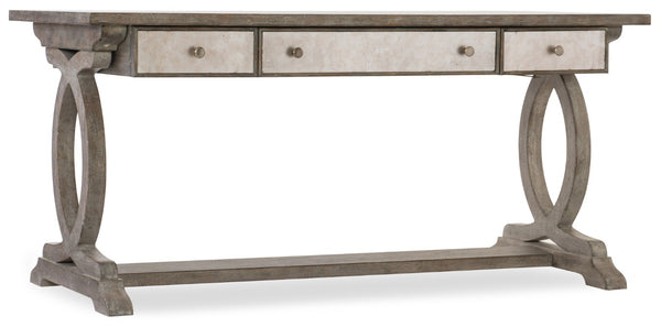 Hooker Furniture Rustic Trestle Desk With Quartered White Oak, Eglomise Glass & Antique Brass—Storage, Distressed Charm 1641-10459-LTWD