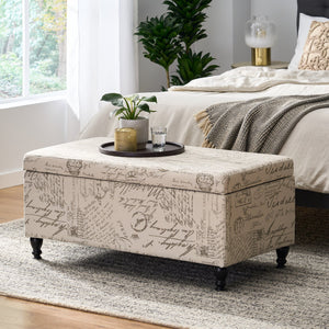 English Elm Christopher Knight Home® - Storage Ottoman Rectangular Bench with French Script Upholstery, Reclaimed Wood Gourd Legs, 42" L 56752.00