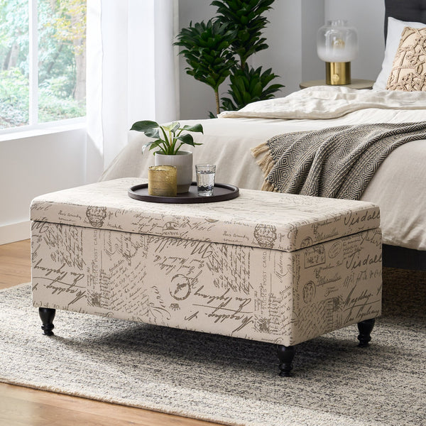 English Elm Christopher Knight Home® - Storage Ottoman Rectangular Bench with French Script Upholstery, Reclaimed Wood Gourd Legs, 42" L 56752.00