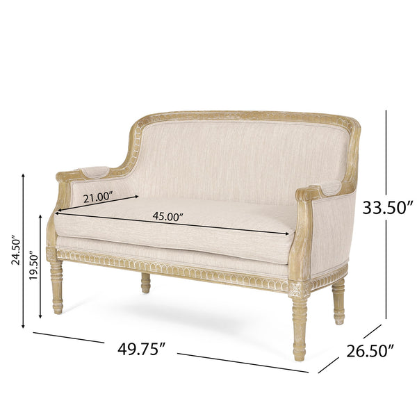 English Elm Loveseat French Country Style Turned Legs Padded Upholstery Compact Sitting Room Sofa 71063.00BGE