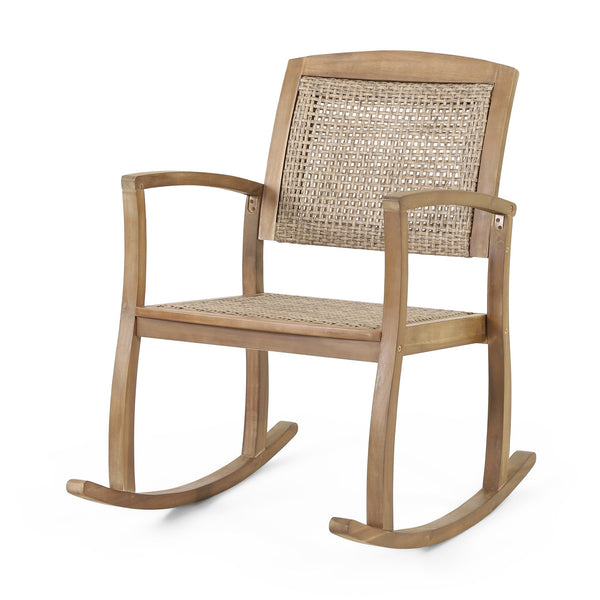 English Elm Christopher Knight Home® - ANTELOPE Acacia Wood Rocking Chair in Light Brown with Polyethylene Rattan Seat, Durable Outdoor Relaxer 71983.00MLBRN