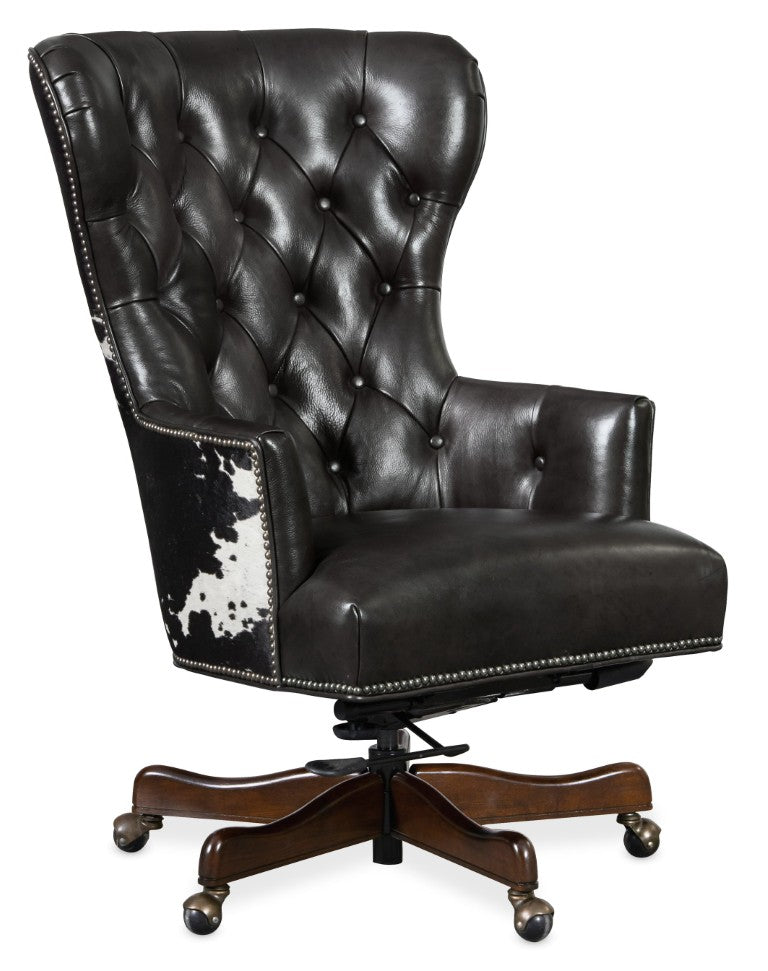 Hooker Furniture Katherine Executive Swivel Tilt Chair In Graphite Aniline Leather With Black & White Hair-On-Hide Accent, Tufted Wood Base EC448-097