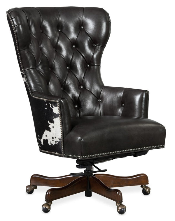 Hooker Furniture Katherine Executive Swivel Tilt Chair In Graphite Aniline Leather With Black & White Hair-On-Hide Accent, Tufted Wood Base EC448-097