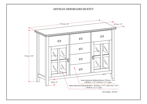 English Elm Artisan Solid Wood Sideboard Buffet: Elegant Black Finish, Ample Storage & Timeless Design For Home B136P158388