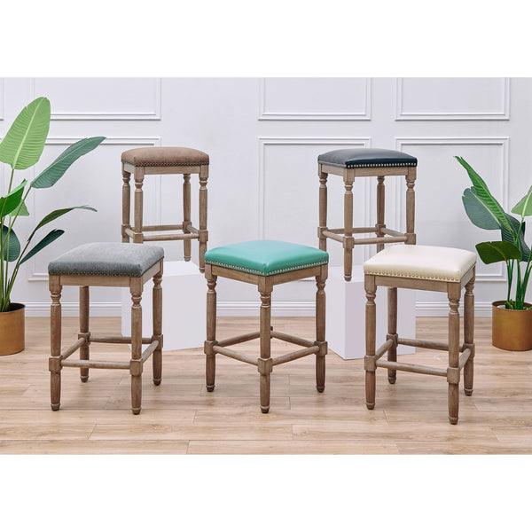 New Pacific Direct Ernie Bonded Leather Counter Stool Set Of 2 - Stylish Turquoise, Beige, Or Black With Nailhead Trim Beige Bonded Leather 3900057-2050-npd