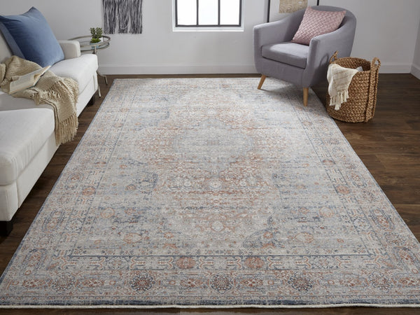 Feizy Rugs Marquette Medallion Rug – Elegant Power-loomed Design, Stain-resistant, Easy Care For High Traffic Areas Gray,Ivory,Orange Polyester,Acrylic Mrq3778frstbluj00