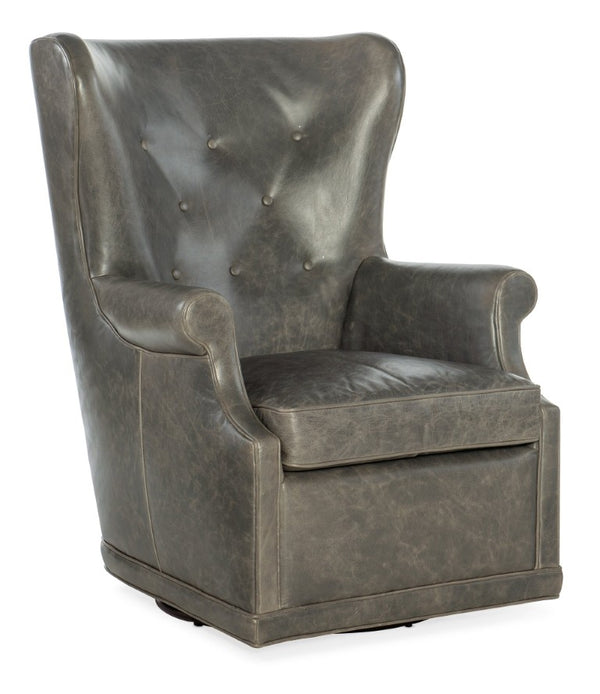 Hooker Furniture Mai Wing Swivel Club Chair In Aniline Top-Grain Leather With Tufted High Back And Smooth Swivel Motion Gray CC536-SW-091
