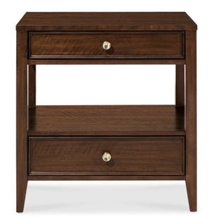 Hooker Furniture Archives Two-Drawer Nightstand In Figured Quartered Walnut With Satin Brass Knobs, Open Shelf Elegance 6123-90115-89