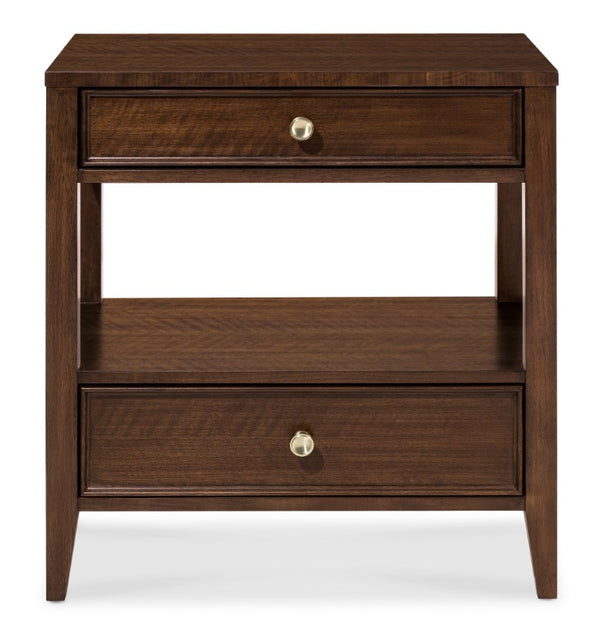Hooker Furniture Archives Two-Drawer Nightstand In Figured Quartered Walnut With Satin Brass Knobs, Open Shelf Elegance 6123-90115-89