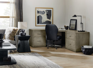 Hooker Furniture Linville L-Shaped Corner Desk With Oak Veneer, Locking File Drawers, Antique Pewter Hardware — Stylish Workspace Gray 6150-10934-85