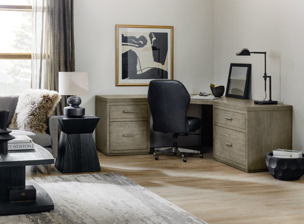 Hooker Furniture Linville L-Shaped Corner Desk With Oak Veneer, Locking File Drawers, Antique Pewter Hardware — Stylish Workspace Gray 6150-10934-85