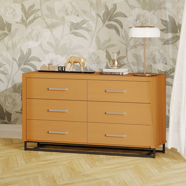 English Elm Christopher Knight Home® - 6 Drawer Chest with Iron Base and Six Spacious Drawers, Contemporary Industrial Design, Durable Construction Maple 60 L x 19.25 W x 10 H 71883.00MPL