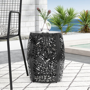 English Elm Metal Cylindrical Accent Table Powder Coated Iron with Tropical Palm Leaf Lattice Design Black 73613.00BLK
