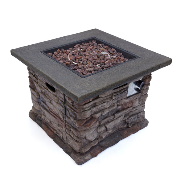 English Elm Stonewall Square Propane Fire Pit Natural Stone Outdoor Patio Gathering Focal Point 61941.00-40K