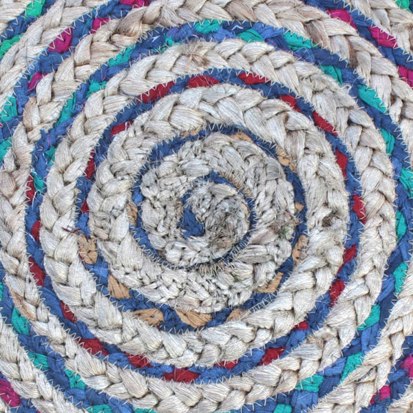 English Elm Margo Handcrafted Round Pouf with Cotton Jute Weave, Supportive Polystyrene Filling, 20" D x 14" H Blue B136P159310