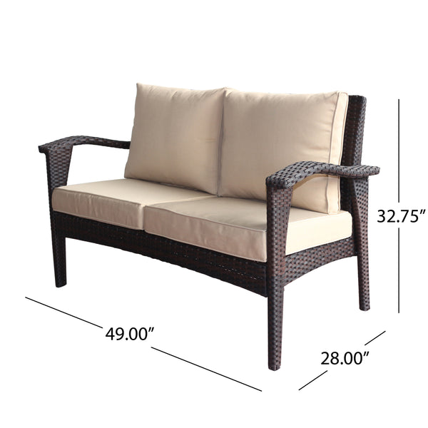 English Elm Christopher Knight Home® - HONOLULU Loveseat Brown-Tan PE Rattan Outdoor Sofa with Water-Repellent Cushions, Sturdy Iron Frame 52919.00IRNBRN