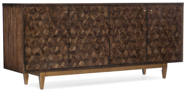 Hooker Furniture Melange Walnut Marquetry Four-Door Credenza With Gold Base, Media-Ready Storage & Brass Knobs 638-85520-85