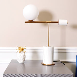 Pasargad Home Bianca Table Lamp - Chic Opal Globe & Gold Metal Arm On Elegant Marble Base, H26" White Metal & Marble Pmt-30208