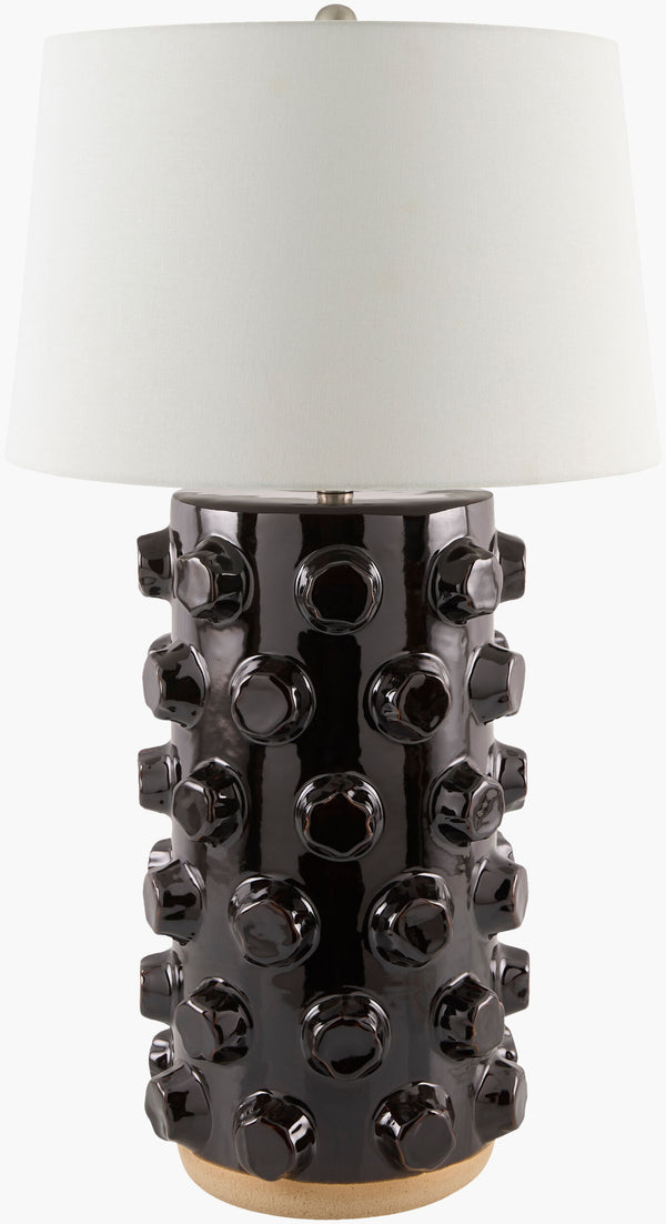 Surya Vage 34" Art Deco Accent Table Lamp - Elegant Ceramic Body & Linen Shade For Cozy Ambiance Body, Black,Shade, White,Finial, Metallic ,Nickel,Harp, Metallic ,Nickel,Cord, Translucent Ceramic,Linen,Linen,Linen,Plastic,Iron Vag-001