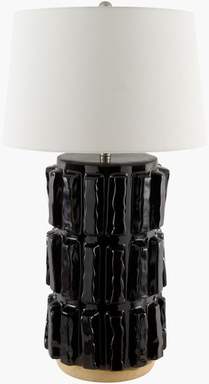Surya Vage 34" Art Deco Accent Table Lamp - Elegant Ceramic Body & Linen Shade For Cozy Ambiance Body, Black,Shade, White,Finial, Metallic ,Nickel,Harp, Metallic ,Nickel,Cord, Translucent Ceramic,Linen,Linen,Linen,Plastic,Iron Vag-002