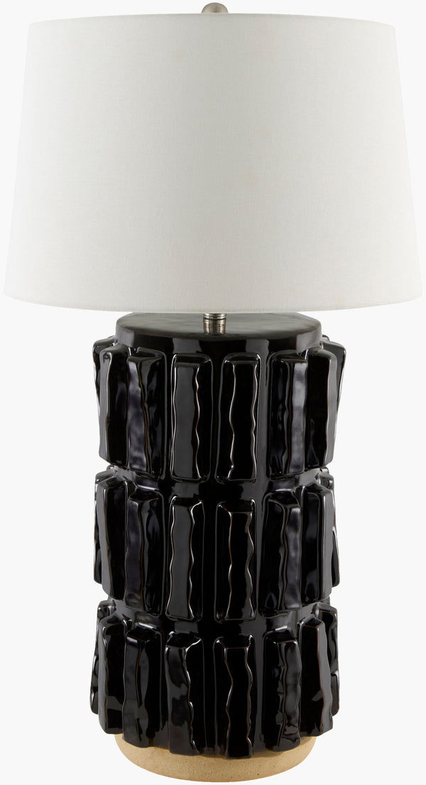 Surya Vage 34" Art Deco Accent Table Lamp - Elegant Ceramic Body & Linen Shade For Cozy Ambiance Body, Black,Shade, White,Finial, Metallic ,Nickel,Harp, Metallic ,Nickel,Cord, Translucent Ceramic,Linen,Linen,Linen,Plastic,Iron Vag-002