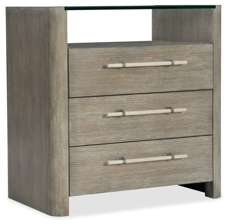 Hooker Furniture Affinity Greige Sand-Blasted Three-Drawer Nightstand With Tempered Glass Top, Touch-Dimmer & Storage 6050-90016-GRY