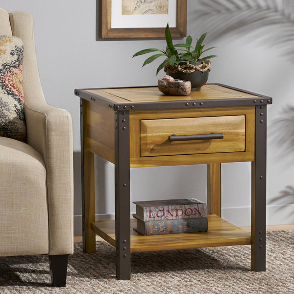 English Elm Christopher Knight Home® - BRIGHTON Acacia Wood End Table with 1 Drawer in Natural Finish — Industrial Accent Nightstand 26.75" 54717.00