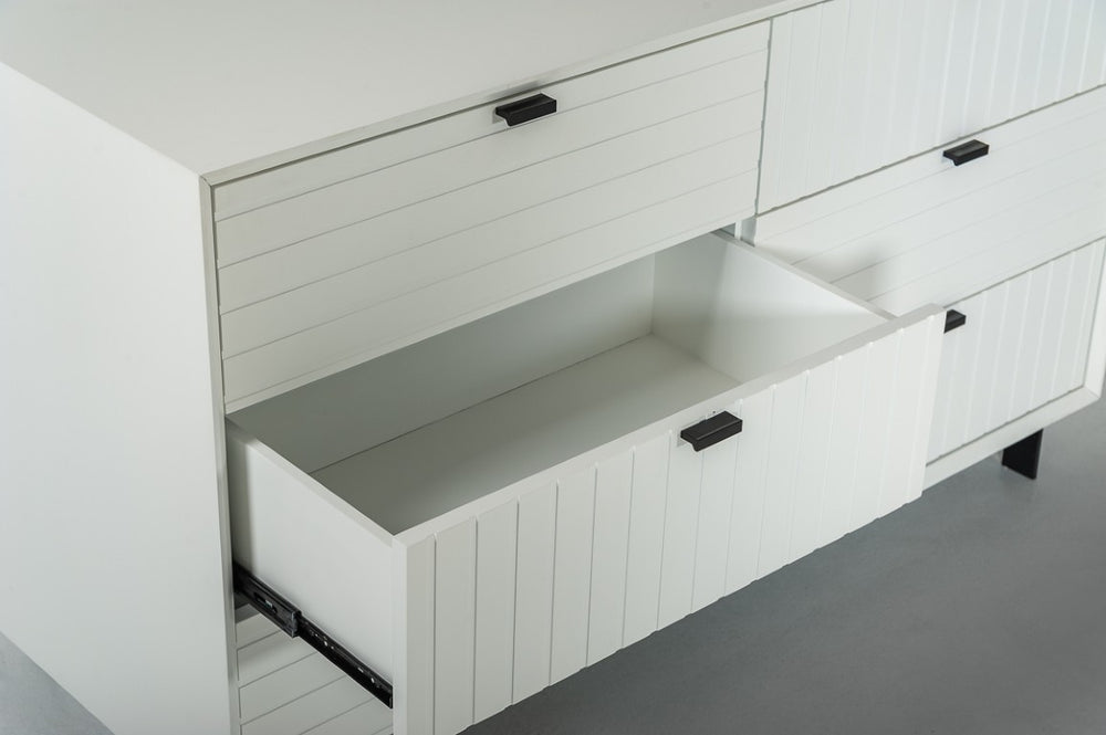 VIG Furniture Valencia Six-Drawer White Dresser With Textured Fronts, Matte Finish & Black Metal Legs For Style And Storage VGMABR-76-DRS
