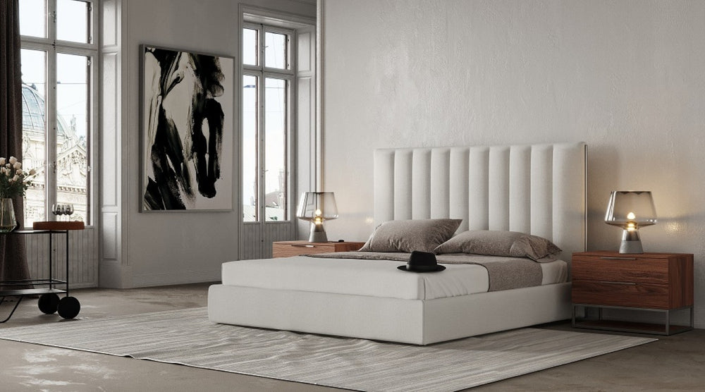 VIG Furniture Valhalla Italian White Merino Pearl Fabric Bed With Led Headboard, Chrome Trim, Glossy Platform VGKK-KFB1008-WHT-BED-EK-1