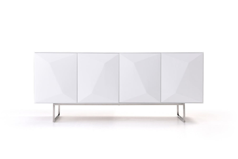 VIG Furniture Vanguard Modern White Buffet With High-Gloss Geometric Doors, Soft-Close Cabinets & Stainless Legs VGVCG1108-WHT