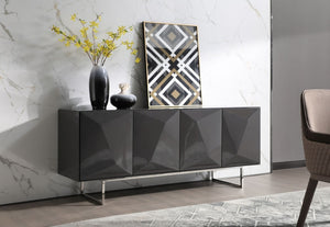 VIG Furniture Vanguard Dark Grey High-Gloss Buffet With Stainless Steel Legs, Soft-Close Doors & Drawer Storage VGVCG1108-BUF-GRY