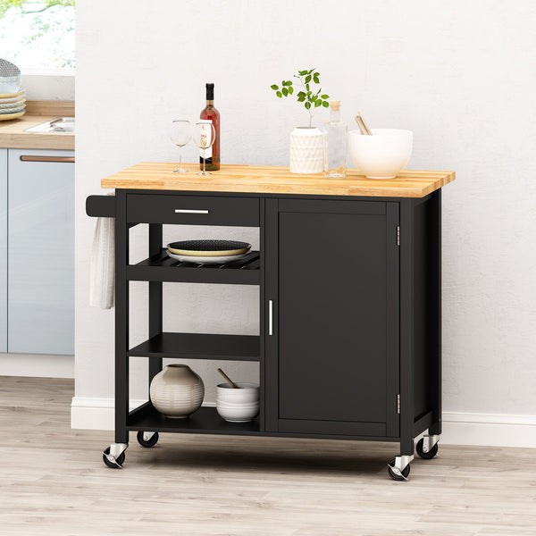 English Elm Christopher Knight Home® - Kitchen Island Cart with Solid Rubberwood Top, 41.75" Mobile Island with Drawer, Cabinet, Shelves & Wheels Black 67756.00NATBLK