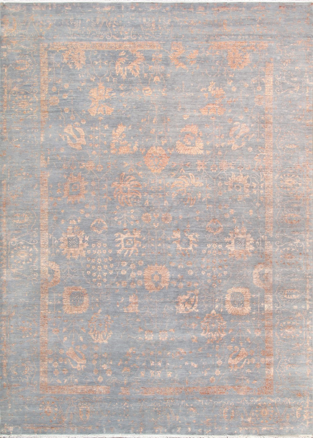 Pasargad Home Transitional Hand-knotted Blue Bamboo Silk & Wool Area Rug For Elegant Living Spaces   Vase-1071 10x14