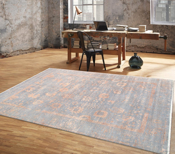 Pasargad Home Transitional Hand-knotted Blue Bamboo Silk & Wool Area Rug For Elegant Living Spaces   Vase-1071 10x14