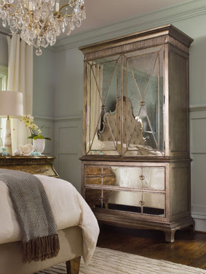 Hooker Furniture Sanctuary Mirrored Armoire In Visage Finish With Silver Leaf Trim, Cedar-Lined Drawer & Shelving 3016-90013
