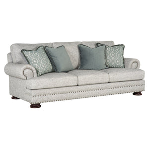 Bernhardt Bernhardt Foster Made-To-Order Gray Sofa With Rolled Arms, Nailhead Trim & Four Pillows — 97.5" B5177A