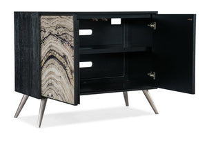 Hooker Furniture Melange Geode Two-Door Chest With Reverse-Painted Glass, Black Oak Veneer, Silver Legs, Ventilated Storage 628-85648-98