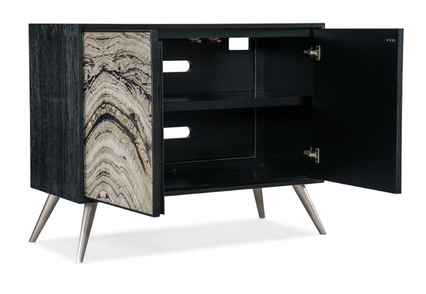 Hooker Furniture Melange Geode Two-Door Chest With Reverse-Painted Glass, Black Oak Veneer, Silver Legs, Ventilated Storage 628-85648-98