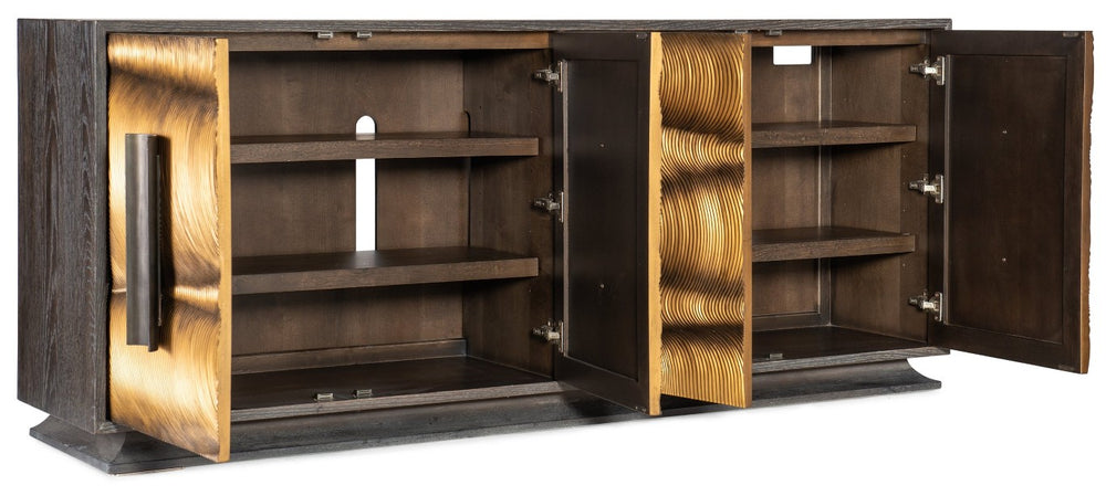 Hooker Furniture Melange Four Door Credenza With Gold Swirl Resin Doors, Oak Veneer, Built-In Power & Bronze Hardware 628-85633-15