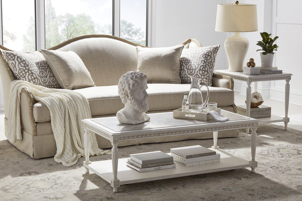 A.R.T. Furniture Somerton End Table With Inset Grey Carrera Marble Top And Adjustable Levelers For Stylish Living White Parawood Solids,Ash Veneer,Stone 303304-2824