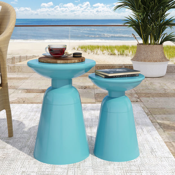 English Elm Serenita Outdoor Powder Coated Iron Pedestal Side Tables Sculptural Flared Set of Two Teal 73614.00T