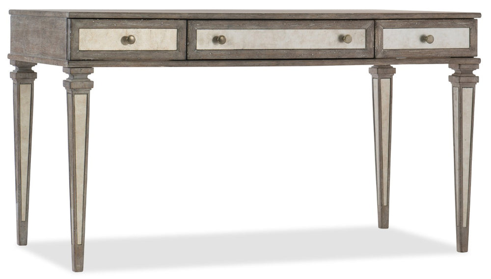 Hooker Furniture Rustic Quartered White Oak Desk With Eglomise Glass, Slender Legs, Drop-Front Keyboard Drawer, Antique Brass 1641-10458-LTWD