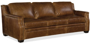 Hooker Furniture Yates Elegant Stationary Sofa With Curved Back, Aniline Leather, Nailhead Trim For Refined Living Rooms Dark Wood SS519-03-087
